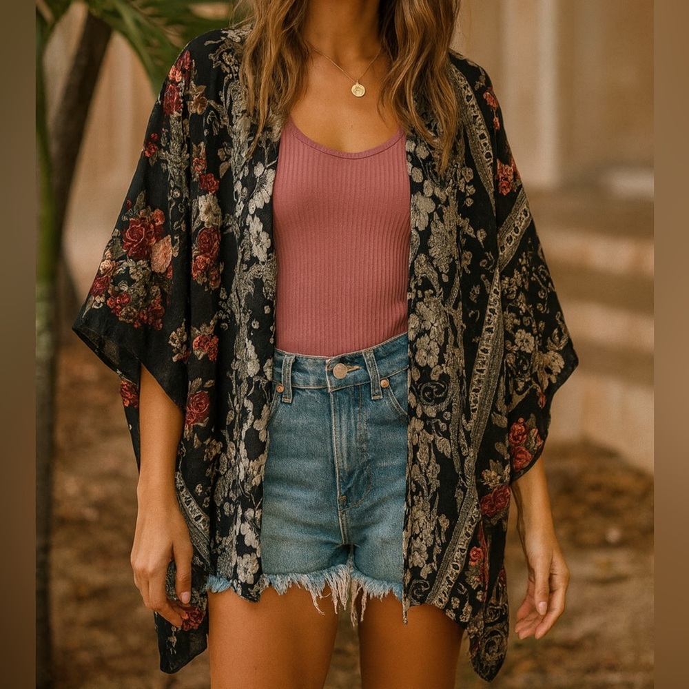 ANGIE Womens S Floral Paisley Open Kimono‎ Sweater Boho Hippie Festival Western